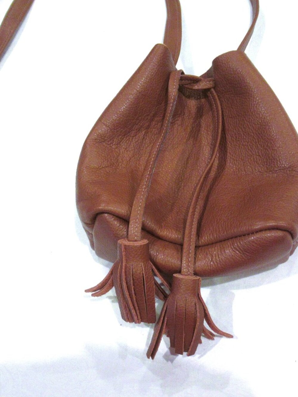 Shaffer Los Angeles brown leather bucket bag, Greta, drawstring closed
